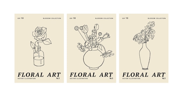 Conjunto de ilustración vectorial de carteles florales de tinta con diferentes flores y jarrón arte para impresiones arte de pared fondo de banner