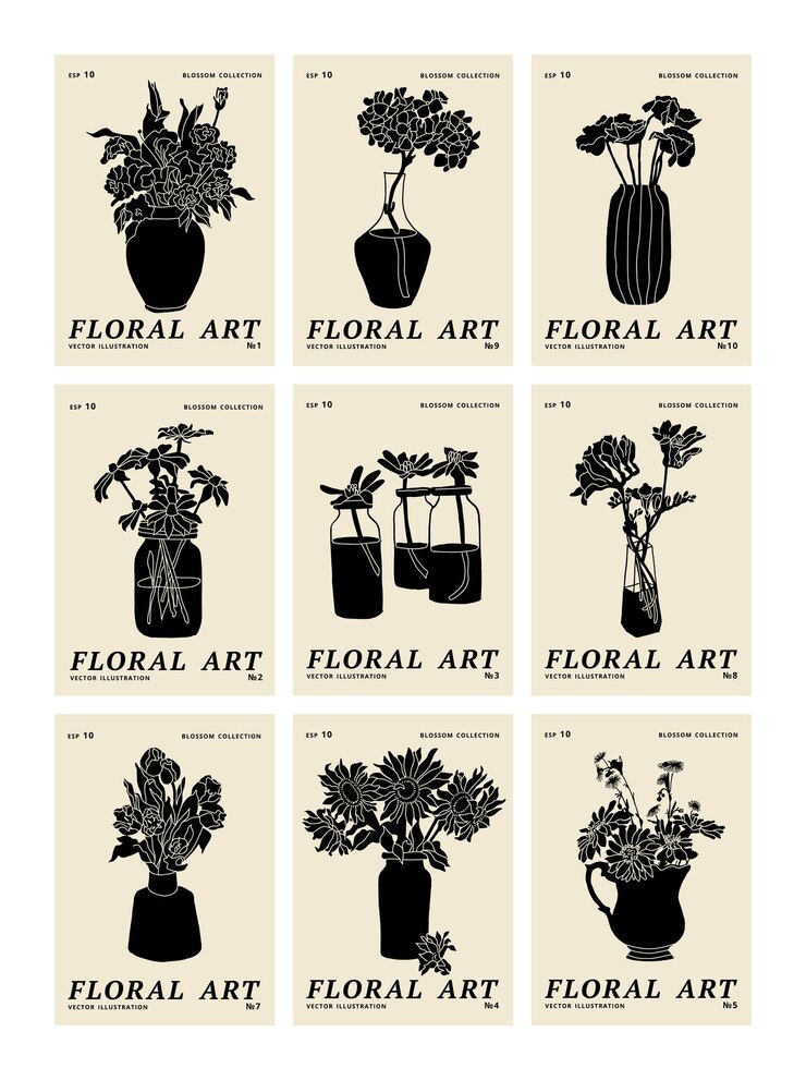 Conjunto de ilustración vectorial de carteles florales de tinta con diferentes flores y jarrón Arte para impresiones arte de pared fondo de banner