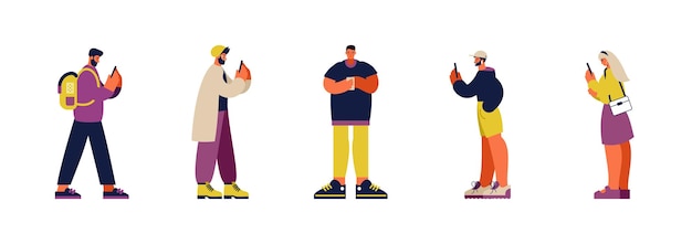 Conjunto de ilustración vectorial colorida de personas adictas de dibujos animados contemporáneos en ropa casual brillante navegando por las redes sociales en teléfonos inteligentes modernos