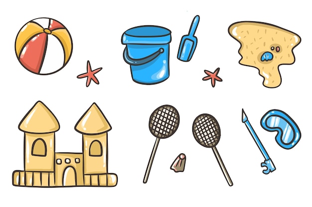 Conjunto para una ilustración vectorial de dibujos animados de vacaciones en la playa