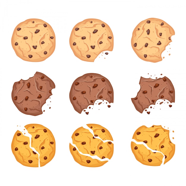 Conjunto de ilustración vectorial de diferentes formas de avena, chocolate y galletas de trigo con gotas de chocolate y migas