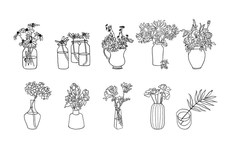 Conjunto de ilustración vectorial de flores de tinta en jarrones Arte para impresiones fondo de banner de arte de pared