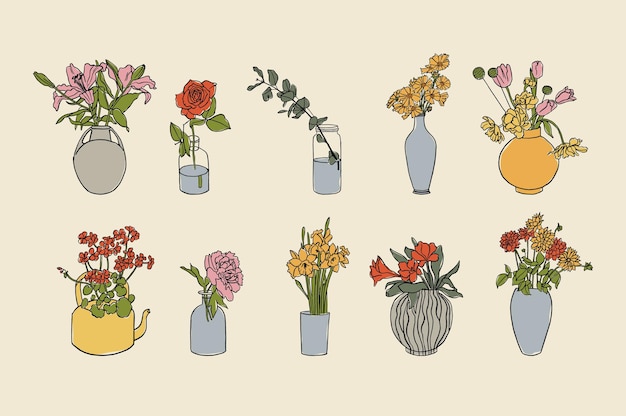 Conjunto de ilustración vectorial de flores de tinta en jarrones arte para impresiones fondo de banner de arte de pared