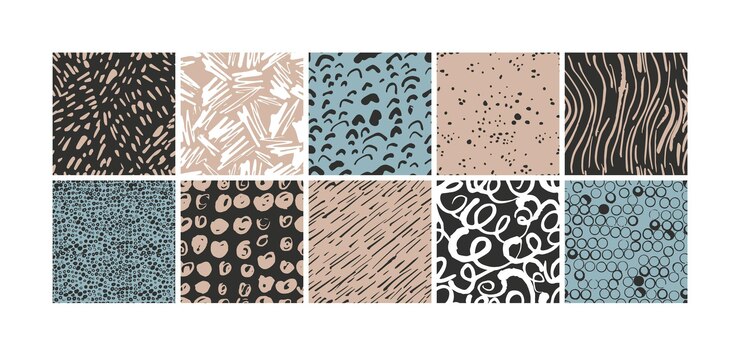 Conjunto de ilustración vectorial de fondos abstractos o patrones sin fisuras. Doodle de moda moderno minimalista contemporáneo. Arte ingenuo.
