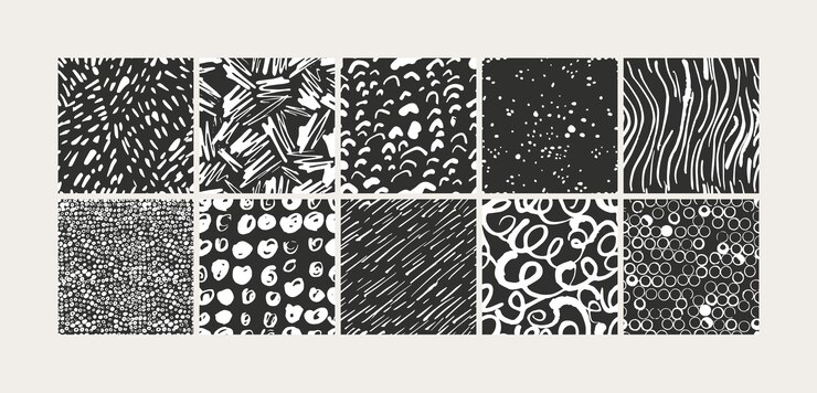 Conjunto de ilustración vectorial de fondos abstractos o patrones sin fisuras. Doodle de moda moderno minimalista contemporáneo. Arte ingenuo.