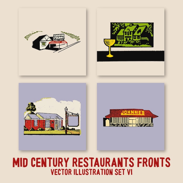Conjunto de ilustración vectorial de frentes de restaurantes de mediados de siglo 6