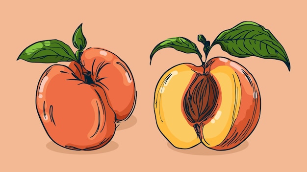 Conjunto de ilustración vectorial de fruta de melocotón en un boceto dibujado a mano plano de estilo de boceto de línea colorido