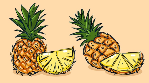 Conjunto de ilustración vectorial de fruta de piña en un boceto dibujado a mano plano de estilo de boceto de una línea