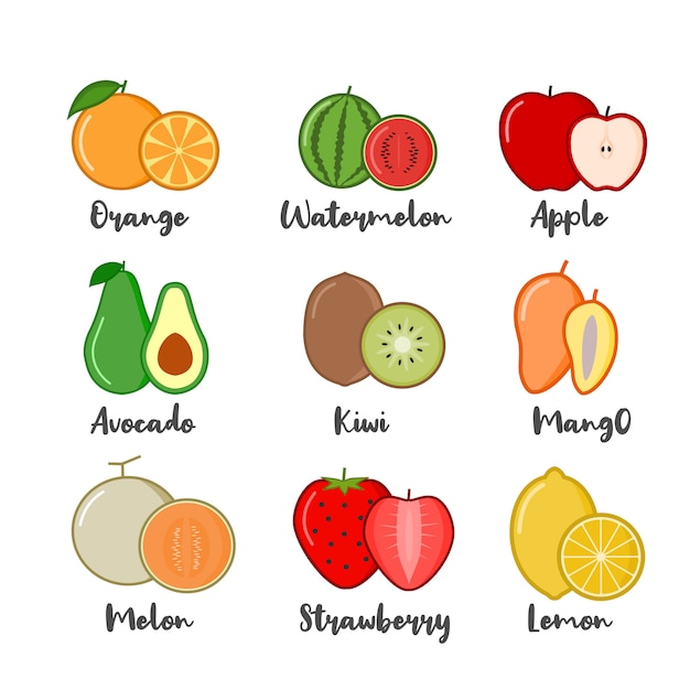 Conjunto de ilustración vectorial de frutas. iconos de frutas