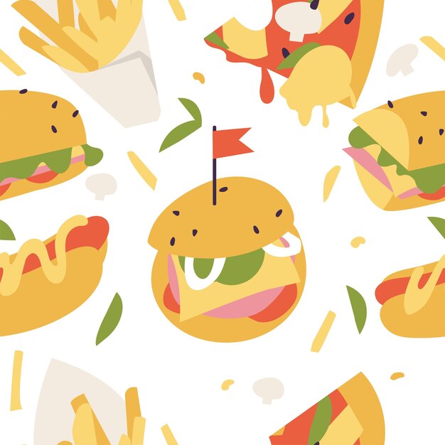 Conjunto de ilustración vectorial de iconos de comida rápida de dibujos animados coloridos patrón sin fisuras con comida chatarra