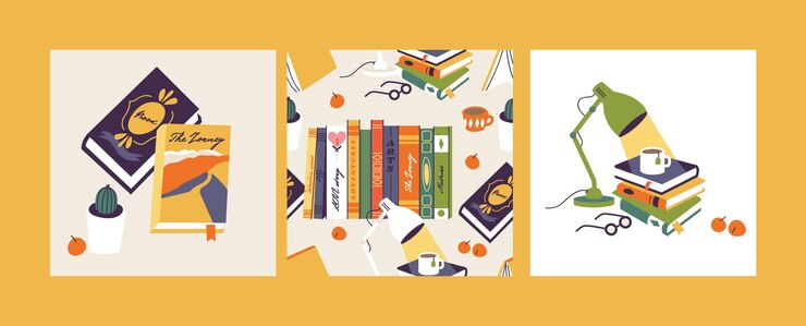 Conjunto de ilustración vectorial de libros y elementos educativos. Varios libros, pila de libros, cuadernos con elementos decorativos. Patrón sin costuras.