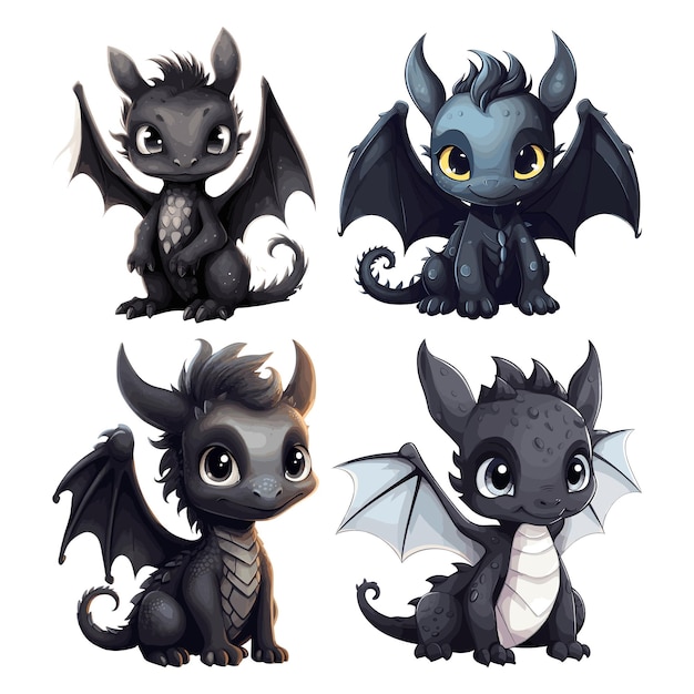 Conjunto de ilustración vectorial lindo dragón negro