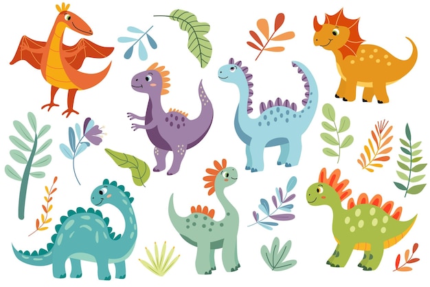 Conjunto de ilustración vectorial de un lindo pequeño dinosaurio en un estilo plano diseño amistoso y lúdico