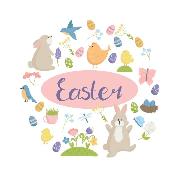 Conjunto de ilustración vectorial de lindos elementos de patchwork conejo pollo pollos huevos de pascua pájaros de primavera Elementos para pancartas tarjetas de felicitación volantes