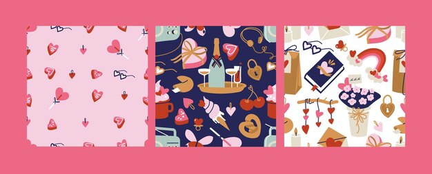 Conjunto de ilustración vectorial de lindos objetos e iconos para el día de San Valentín. Patrón sin fisuras.
