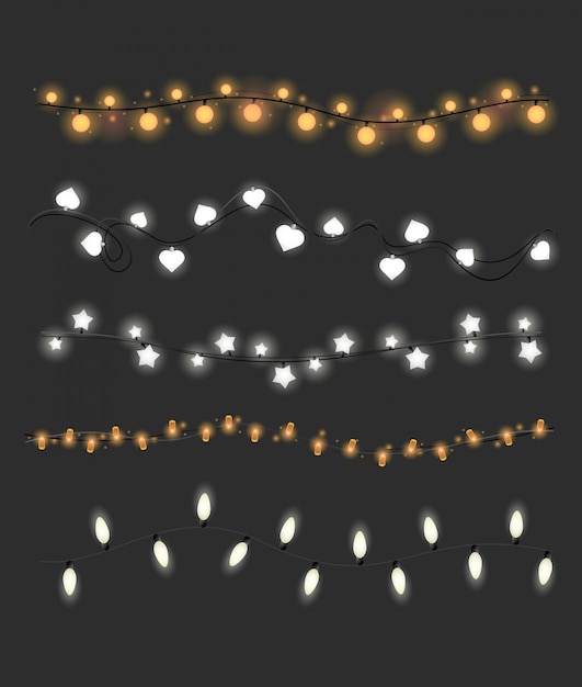 Conjunto de ilustración vectorial de luces blancas y amarillas de Navidad sobre fondo gris oscuro. Colección de guirnaldas decorativas.