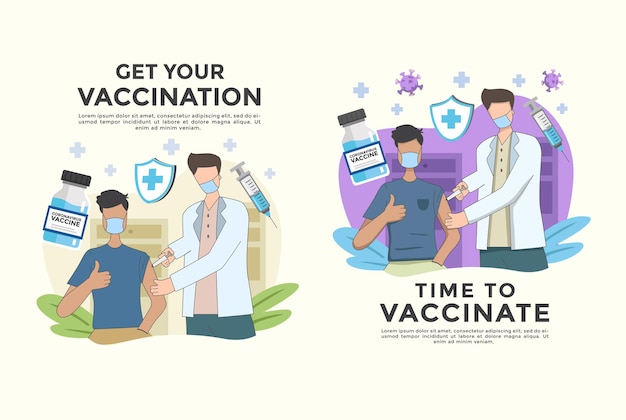 conjunto de ilustración vectorial lucha contra el virus de la corona covid 19 la gente lucha contra el virus y la vacunación