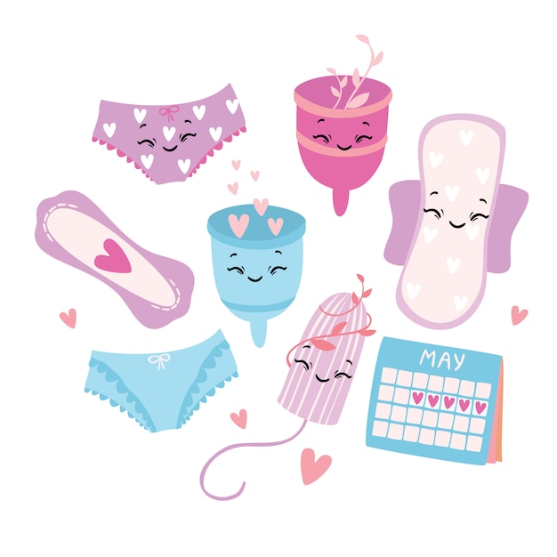 Conjunto de ilustración vectorial Menstruación. Período. Productos de higiene femenina. Copa menstrual Bragas, almohadillas, tazas. Protección menstrual, higiene femenina.