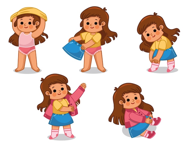 Conjunto de ilustración vectorial de niña vistiendo su ropa ella sola