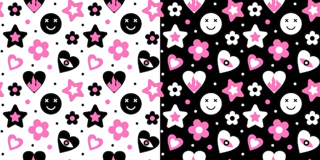 Conjunto de ilustración vectorial de patrón emo transparente Fondo romántico gótico con corazones rosas y negros estrellas ojos y flores Estilo antiguo de los años 90 y 00