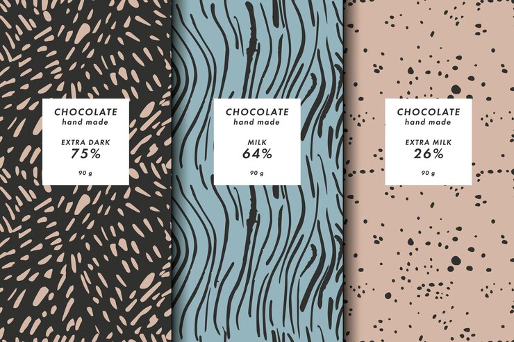 Conjunto de ilustración vectorial de plantillas cubierta abstracta contemporánea y patrones para embalaje de chocolate y cacao con etiquetas. Fondos modernos mínimos.