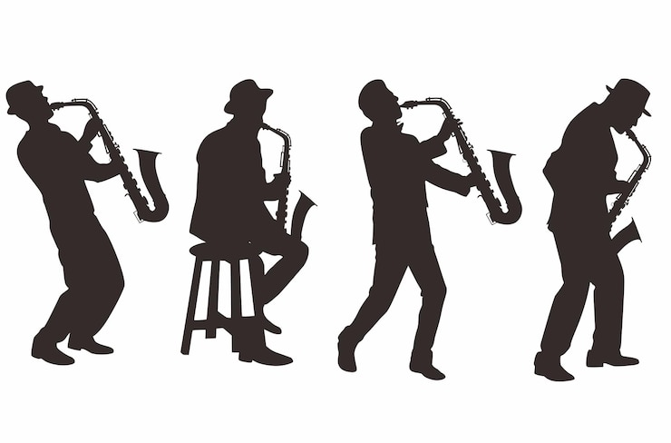Vector conjunto de ilustración vectorial de saxofonista de músicos de jazz de silueta