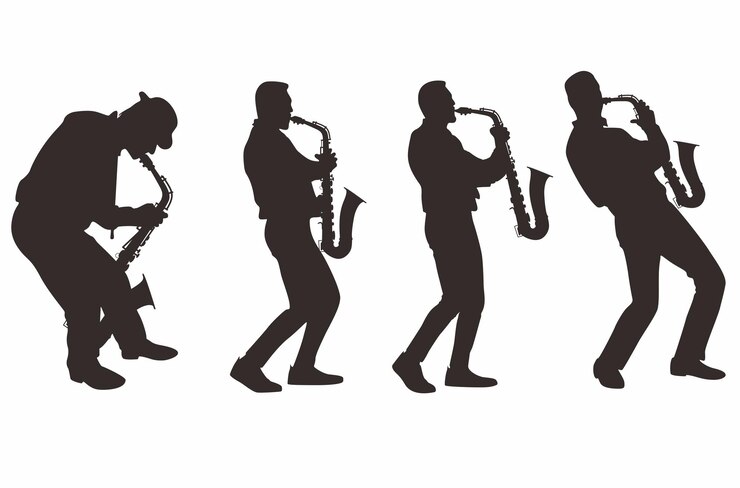 Vector conjunto de ilustración vectorial de saxofonista de músicos de jazz de silueta