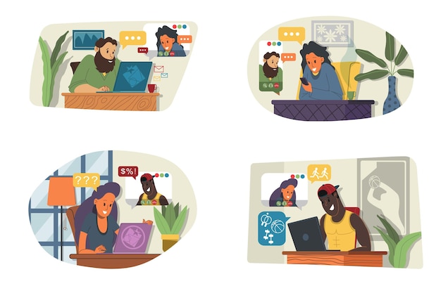 Conjunto de ilustración vectorial de seminario web, reunión en línea, trabajo desde casa, diseño plano. Videoconferencia, teletrabajo, distanciamiento social, discusión empresarial. Personaje hablando con colegas en línea.