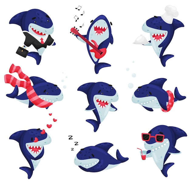 Conjunto de ilustración vectorial de tiburones de dibujos animados sobre fondo blanco