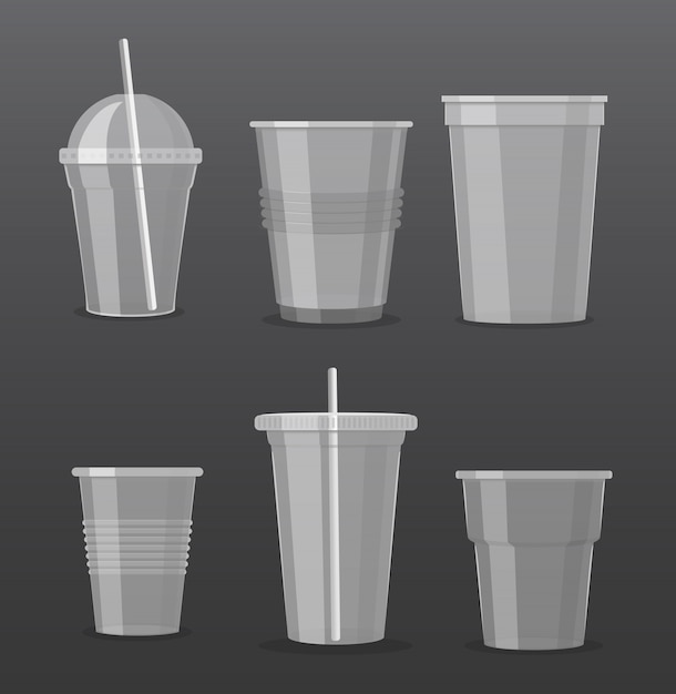 Vector conjunto de ilustración vectorial de vasos desechables de plástico transparentes vacíos colección de vasos de bebida para llevar.