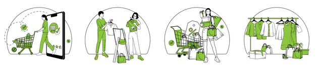 Conjunto de ilustración de ventas de compras duotono dibujado a mano