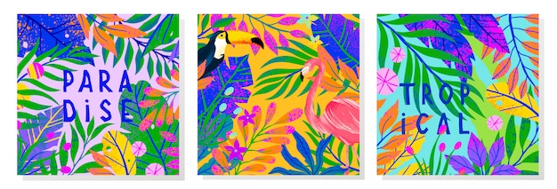 Conjunto de ilustración de verano con brillantes hojas tropicales, flamenco y tucán