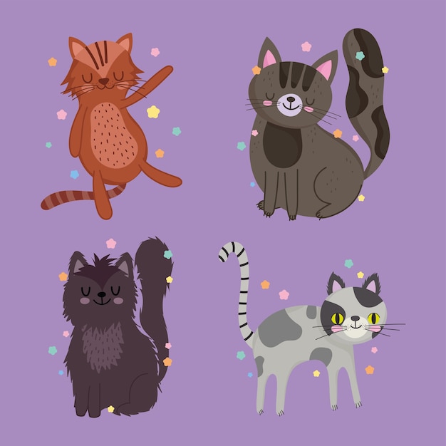 Vector conjunto de ilustración violeta de dibujos animados de animales de compañía de diferentes gatos