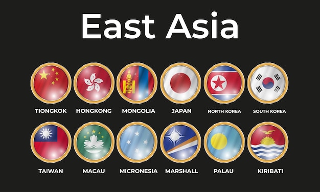 Vector conjunto de ilustraciones en 3d de banderas de estados del este de asia en forma de círculo