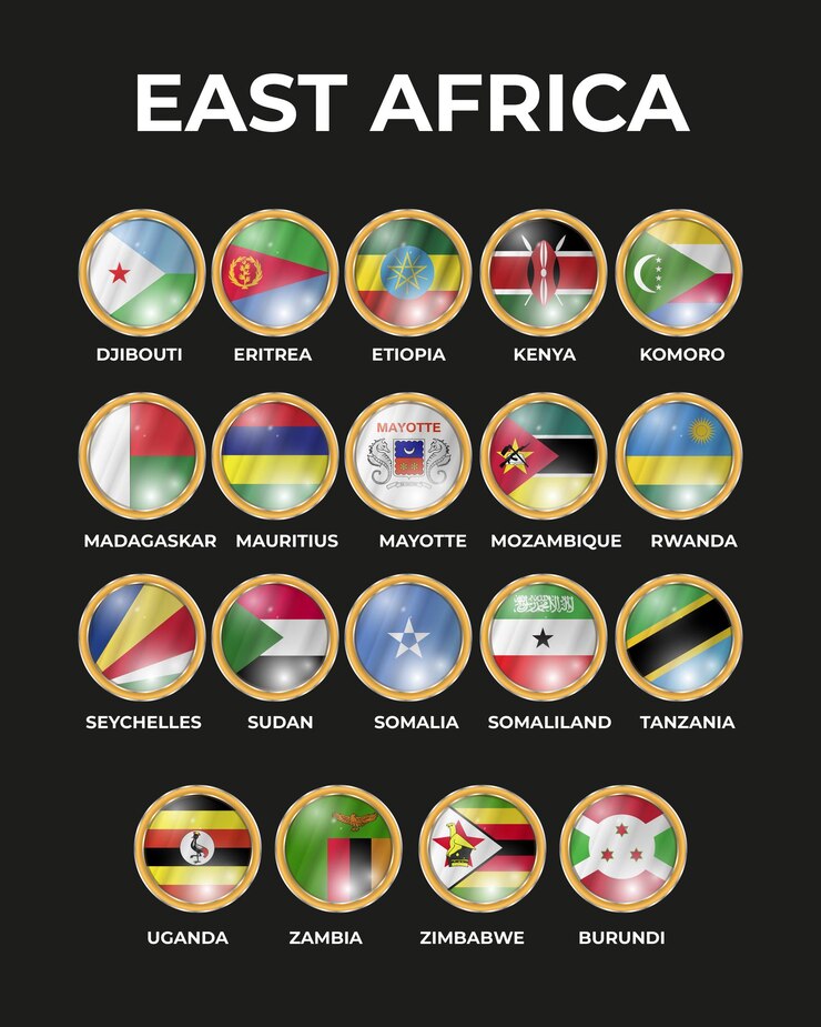 Vector conjunto de ilustraciones en 3d de las banderas de los países de la región de áfrica oriental en forma circular
