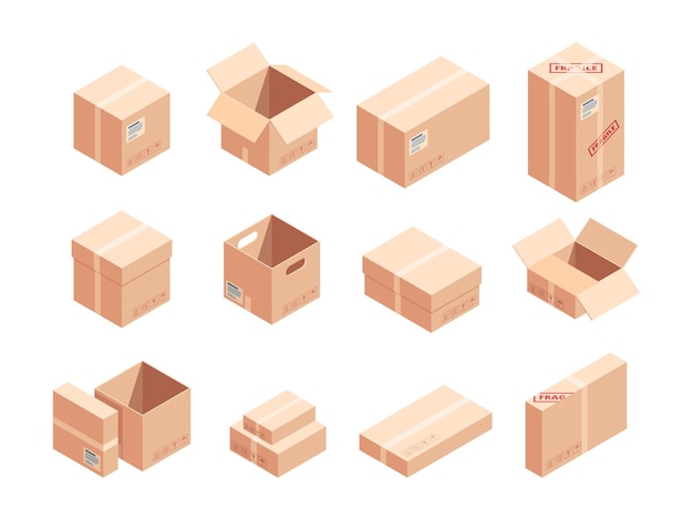 Conjunto de ilustraciones 3D isométricas de parcelas frágiles. Diferentes cajas de cartón. Paquetes de cartón de entrega aislado paquete de cliparts.