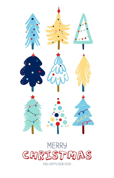 Conjunto de ilustraciones abstractas del árbol de Navidad, folleto de postales, etc. Ilustración vectorial
