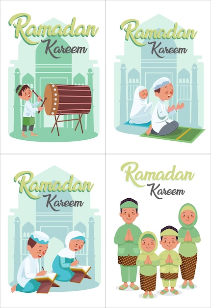 Vector conjunto de ilustraciones de la actividad familiar durante la bienvenida al ramadán como leer el corán rezando un