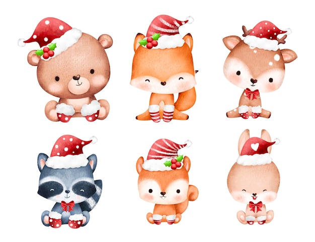 Conjunto de ilustraciones en acuarela de animales bebés navideños con sombrero de Papá Noel