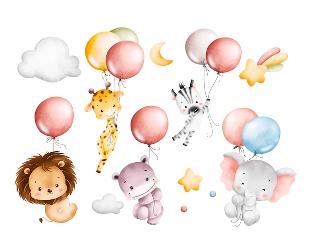 Conjunto de ilustraciones de acuarela de animales de safari y globos