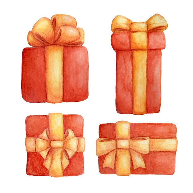 Conjunto de ilustraciones en acuarela de cajas de regalo rojas. Caja navideña con lazo amarillo y dorado.