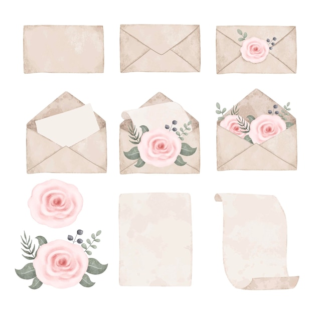 Vector conjunto de ilustraciones en acuarela de carta con papel y rosas rosas