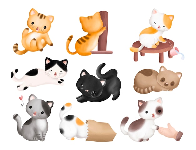 Vector conjunto de ilustraciones en acuarela de cuties cats