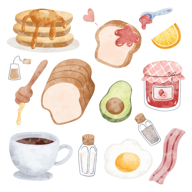 Vector conjunto de ilustraciones de acuarela del desayuno