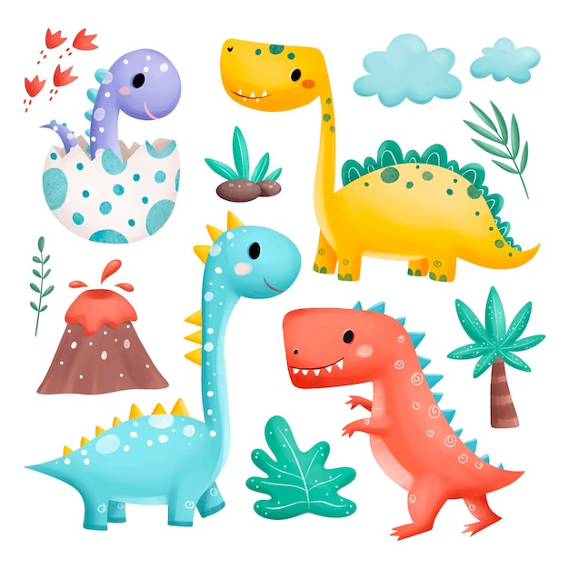 Conjunto de ilustraciones de acuarela de dinosaurios y elementos lindos