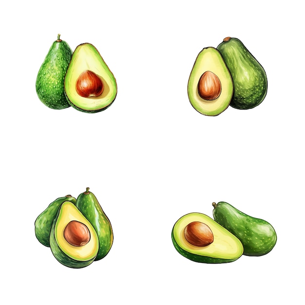conjunto de ilustraciones en acuarela de frutas de aguacate aisladas sobre un fondo blanco