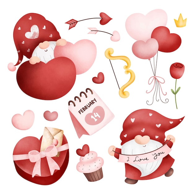 Vector conjunto de ilustraciones en acuarela de gnomos de san valentín y elementos de amor