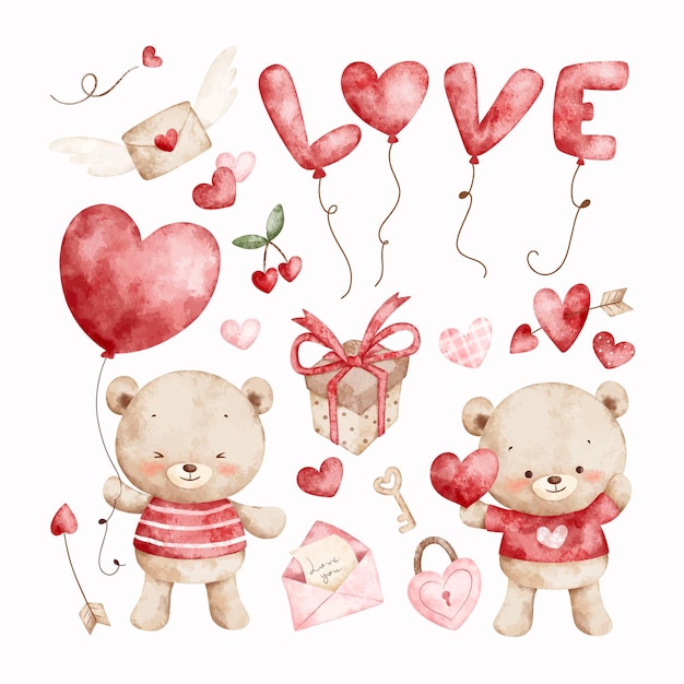 Conjunto de ilustraciones de acuarela de osos de peluche y elementos de San Valentín