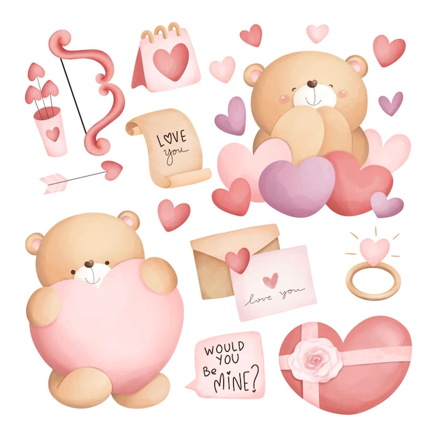 Conjunto de ilustraciones en acuarela de osos de peluche de san valentín y elementos de amor
