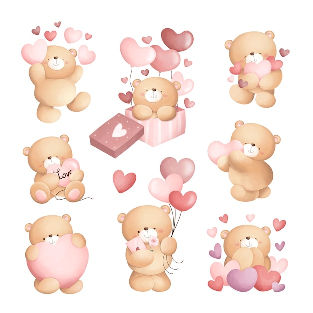 Conjunto de ilustraciones en acuarela de los osos de peluche de san valentín